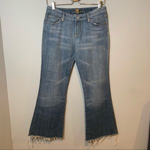 7FAMK “A” Pocket Cropped Raw Hem Flare Jeans w/ Gold Sequins